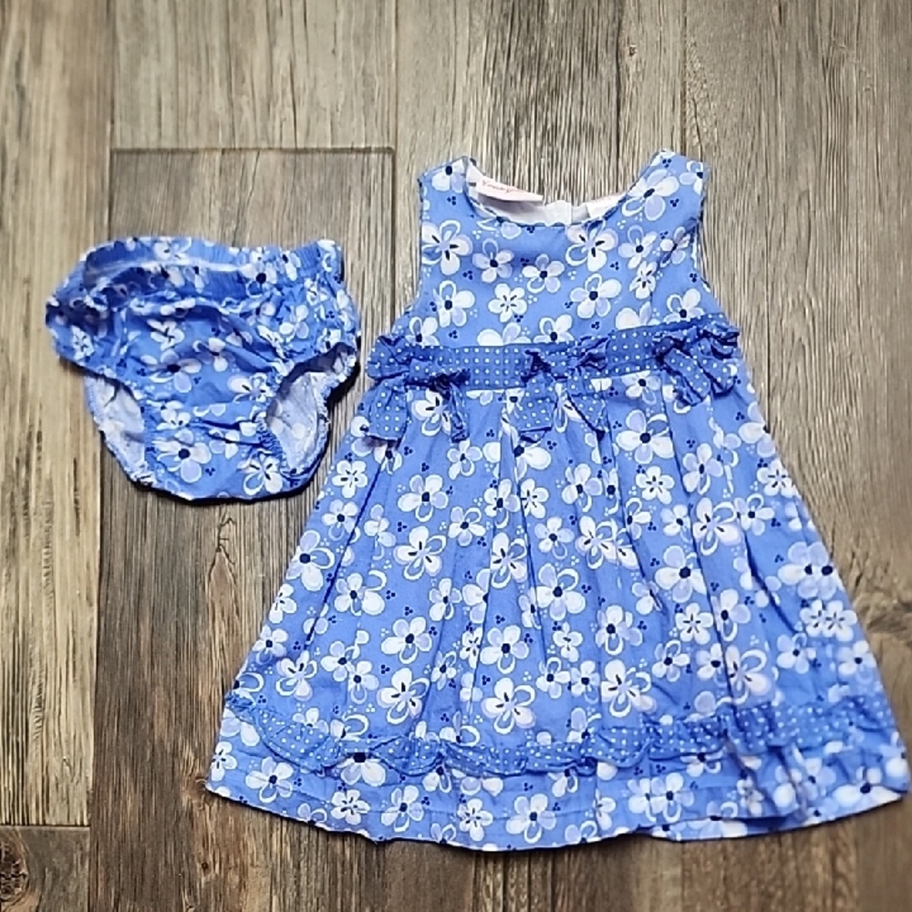 Blue Floral Toddler Dress Set, 100% Cotton,Size 24 Months